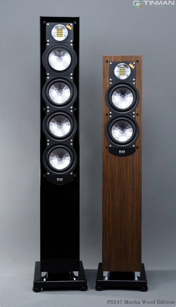 ELAC FS 248 black high gloss and FS 247 mocha veneer side by side